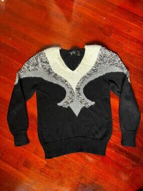 Vintage 80s Angenie Black White Gray Abstract Wool Acrylic Fuzzy Sweater Small